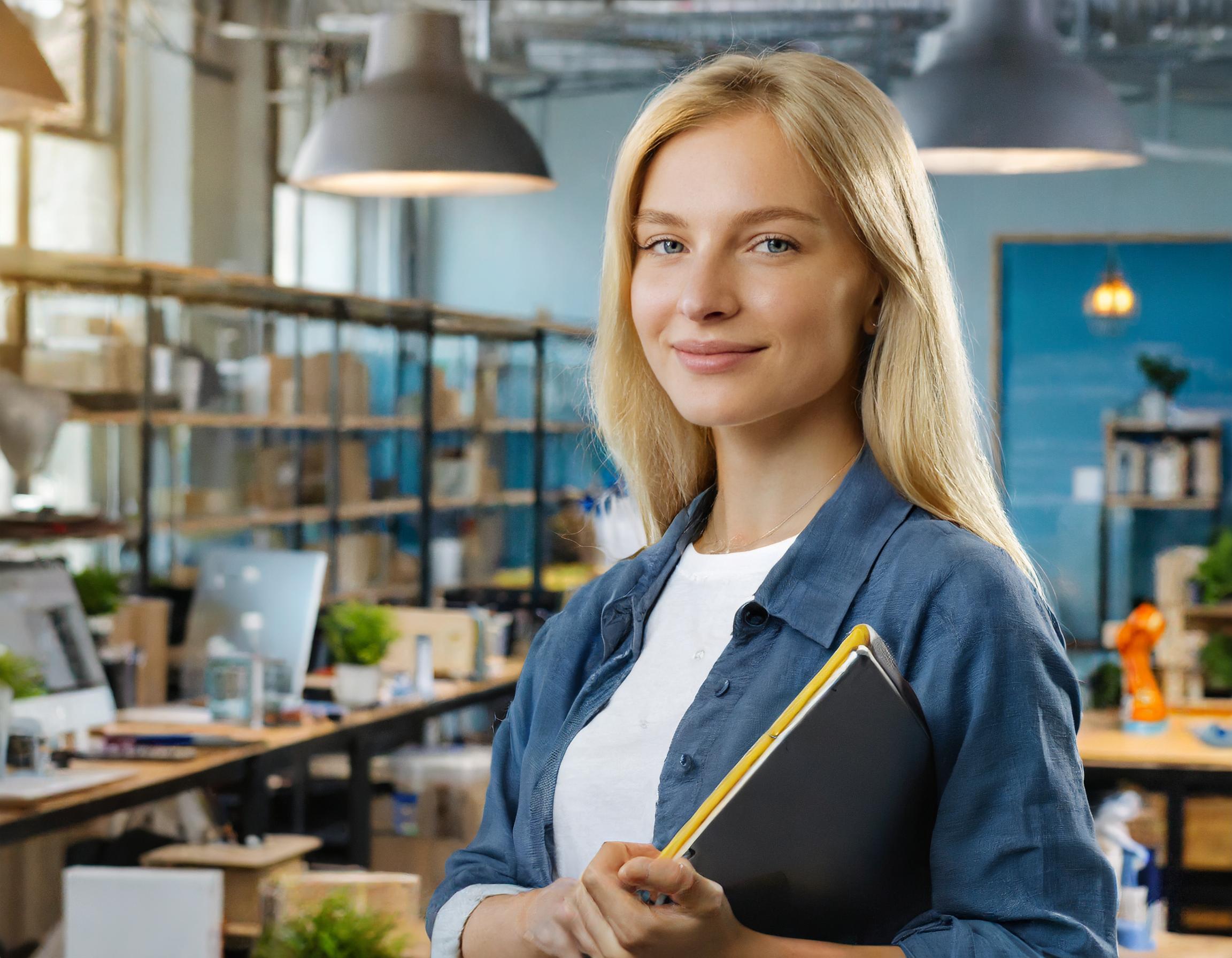 Anna Müller, weiblich, freundlich, im Büro, mit Unterlagen und Computer im Hintergrund